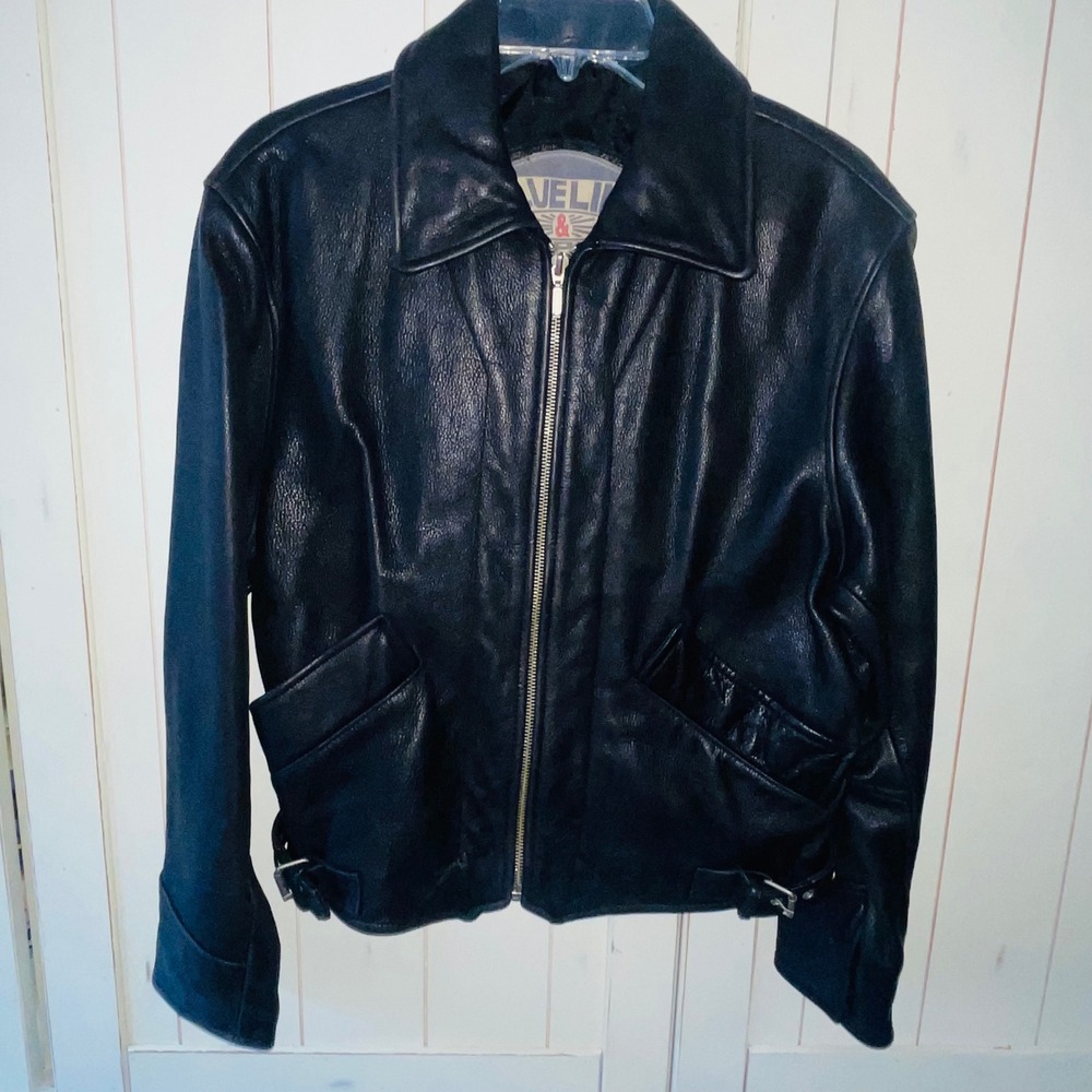 Blueline & Company Leather Bomber Jacket Black Genuine Leather Belted Zip S